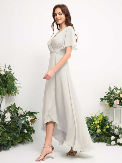 Carlyna A-Line Asymmetric Chiffon Maxi Dress | V-Neck Short Sleeve Bridesmaid & Wedding Guest Dress Side View 5 #color_ivory