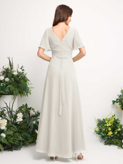 Carlyna A-Line Asymmetric Chiffon Maxi Dress | V-Neck Short Sleeve Bridesmaid & Wedding Guest Dress Back View #color_ivory
