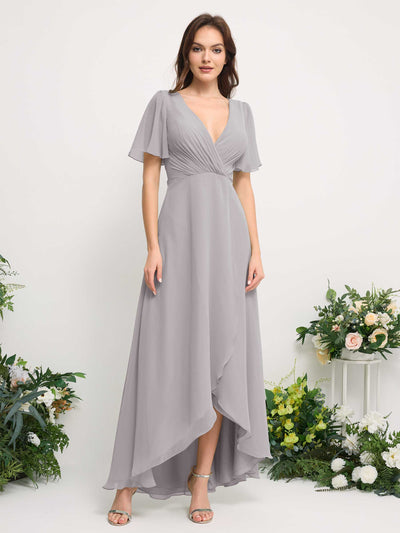 Carlyna A-Line Asymmetric Chiffon Maxi Dress | V-Neck Short Sleeve Bridesmaid & Wedding Guest Dress Front View #color_silver