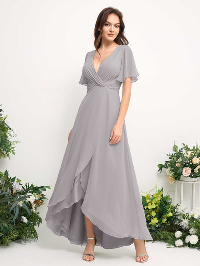 Carlyna A-Line Asymmetric Chiffon Maxi Dress | V-Neck Short Sleeve Bridesmaid & Wedding Guest Dress Side View 2 #color_silver