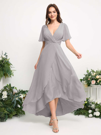 Carlyna A-Line Asymmetric Chiffon Maxi Dress | V-Neck Short Sleeve Bridesmaid & Wedding Guest Dress Side View 3 #color_silver