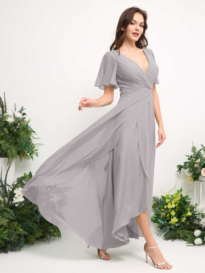 Carlyna A-Line Asymmetric Chiffon Maxi Dress | V-Neck Short Sleeve Bridesmaid & Wedding Guest Dress Side View 4 #color_silver