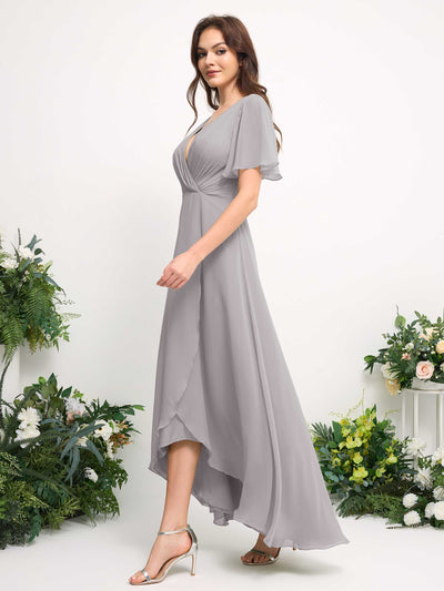 Carlyna A-Line Asymmetric Chiffon Maxi Dress | V-Neck Short Sleeve Bridesmaid & Wedding Guest Dress Side View 5 #color_silver
