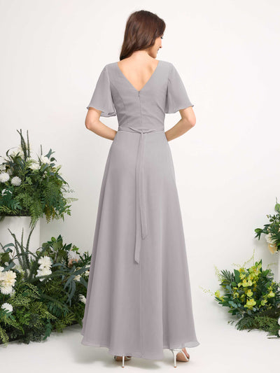 Carlyna A-Line Asymmetric Chiffon Maxi Dress | V-Neck Short Sleeve Bridesmaid & Wedding Guest Dress Back View #color_silver