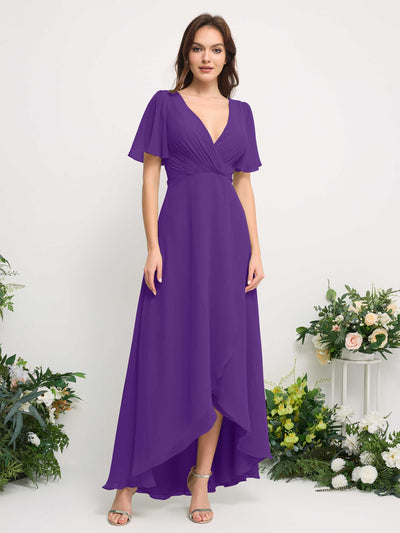 Carlyna A-Line Asymmetric Chiffon Maxi Dress | V-Neck Short Sleeve Bridesmaid & Wedding Guest Dress Front View #color_regency