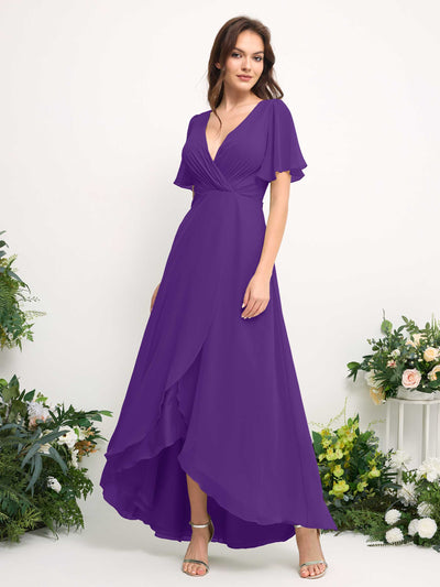 Carlyna A-Line Asymmetric Chiffon Maxi Dress | V-Neck Short Sleeve Bridesmaid & Wedding Guest Dress Side View 2 #color_regency