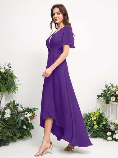 Carlyna A-Line Asymmetric Chiffon Maxi Dress | V-Neck Short Sleeve Bridesmaid & Wedding Guest Dress Side View 4 #color_regency