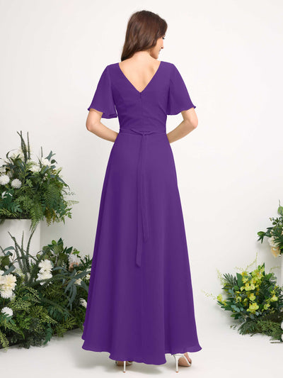 Carlyna A-Line Asymmetric Chiffon Maxi Dress | V-Neck Short Sleeve Bridesmaid & Wedding Guest Dress Back View #color_regency