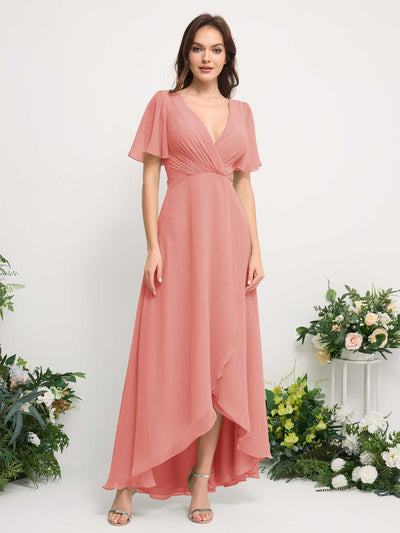 Carlyna A-Line Asymmetric Chiffon Maxi Dress | V-Neck Short Sleeve Bridesmaid & Wedding Guest Dress Front View #color_peach-pink