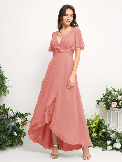 Carlyna A-Line Asymmetric Chiffon Maxi Dress | V-Neck Short Sleeve Bridesmaid & Wedding Guest Dress Side View 2 #color_peach-pink
