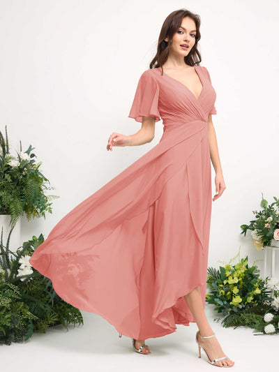 Carlyna A-Line Asymmetric Chiffon Maxi Dress | V-Neck Short Sleeve Bridesmaid & Wedding Guest Dress Side View 4 #color_peach-pink