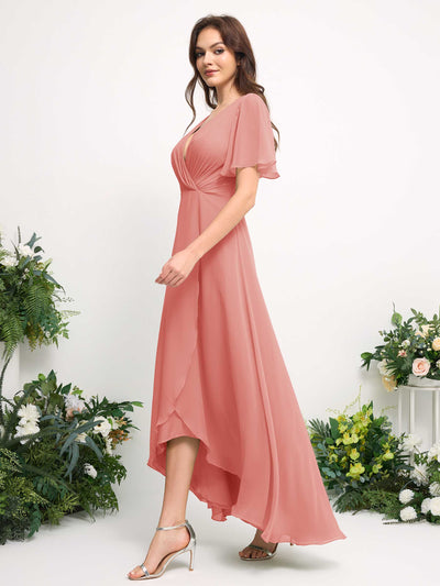 Carlyna A-Line Asymmetric Chiffon Maxi Dress | V-Neck Short Sleeve Bridesmaid & Wedding Guest Dress Side View 5 #color_peach-pink