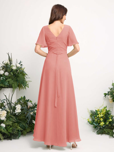 Carlyna A-Line Asymmetric Chiffon Maxi Dress | V-Neck Short Sleeve Bridesmaid & Wedding Guest Dress Back View #color_peach-pink