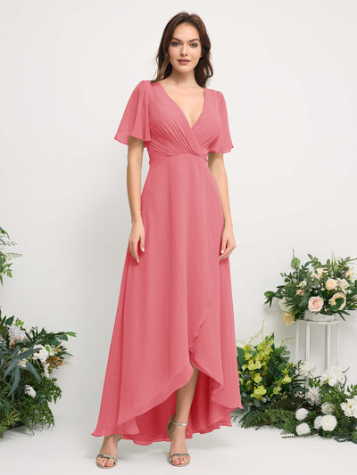 Carlyna A-Line Asymmetric Chiffon Maxi Dress | V-Neck Short Sleeve Bridesmaid & Wedding Guest Dress Front View #color_coral-pink