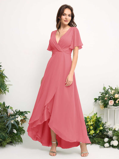 Carlyna A-Line Asymmetric Chiffon Maxi Dress | V-Neck Short Sleeve Bridesmaid & Wedding Guest Dress Side View 2 #color_coral-pink