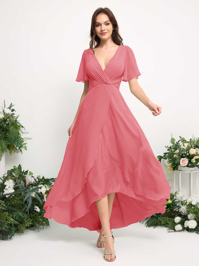 Carlyna A-Line Asymmetric Chiffon Maxi Dress | V-Neck Short Sleeve Bridesmaid & Wedding Guest Dress Side View 3 #color_coral-pink