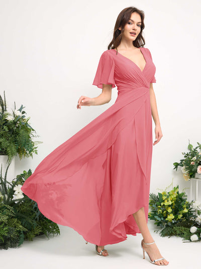 Carlyna A-Line Asymmetric Chiffon Maxi Dress | V-Neck Short Sleeve Bridesmaid & Wedding Guest Dress Side View 4 #color_coral-pink