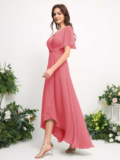 Carlyna A-Line Asymmetric Chiffon Maxi Dress | V-Neck Short Sleeve Bridesmaid & Wedding Guest Dress Side View 5 #color_coral-pink