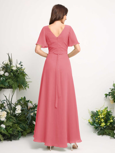 Carlyna A-Line Asymmetric Chiffon Maxi Dress | V-Neck Short Sleeve Bridesmaid & Wedding Guest Dress Back View #color_coral-pink