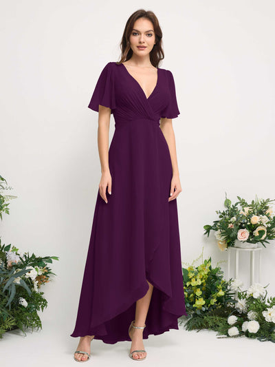 Carlyna A-Line Asymmetric Chiffon Maxi Dress | V-Neck Short Sleeve Bridesmaid & Wedding Guest Dress Front View #color_grape
