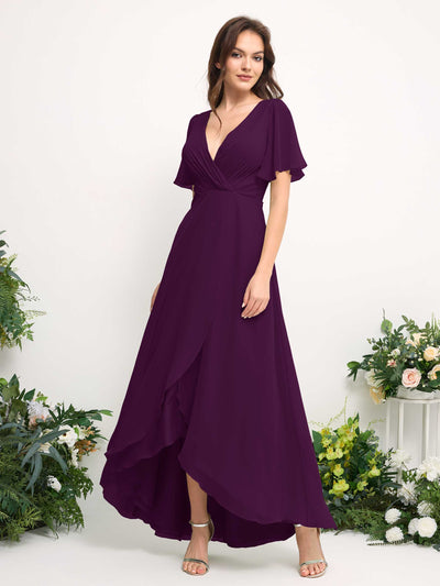 Carlyna A-Line Asymmetric Chiffon Maxi Dress | V-Neck Short Sleeve Bridesmaid & Wedding Guest Dress Side View 2 #color_grape