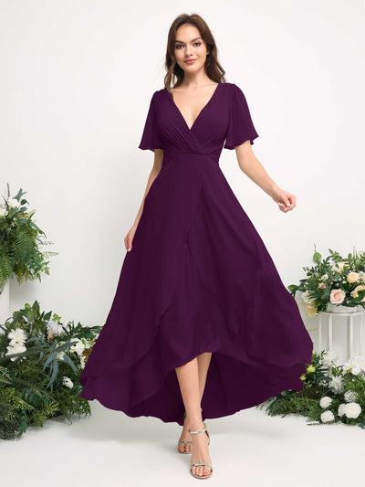 Carlyna A-Line Asymmetric Chiffon Maxi Dress | V-Neck Short Sleeve Bridesmaid & Wedding Guest Dress Side View 3 #color_grape