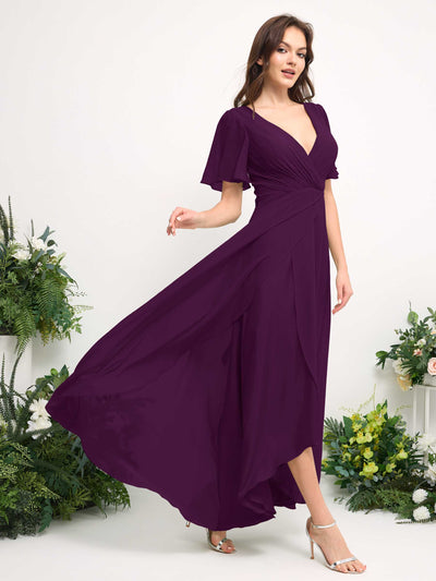 Carlyna A-Line Asymmetric Chiffon Maxi Dress | V-Neck Short Sleeve Bridesmaid & Wedding Guest Dress Side View 4 #color_grape