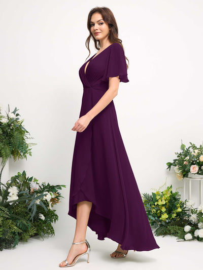 Carlyna A-Line Asymmetric Chiffon Maxi Dress | V-Neck Short Sleeve Bridesmaid & Wedding Guest Dress Side View 5 #color_grape