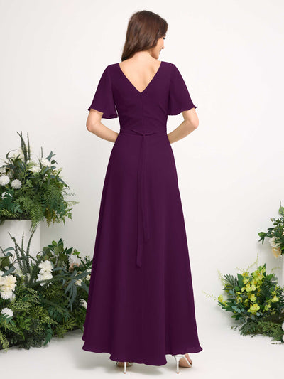 Carlyna A-Line Asymmetric Chiffon Maxi Dress | V-Neck Short Sleeve Bridesmaid & Wedding Guest Dress Back View #color_grape