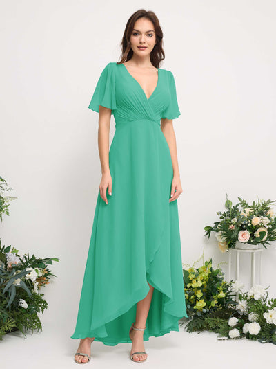 Carlyna A-Line Asymmetric Chiffon Maxi Dress | V-Neck Short Sleeve Bridesmaid & Wedding Guest Dress Front View #color_tiffany