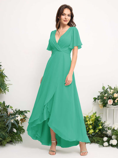 Carlyna A-Line Asymmetric Chiffon Maxi Dress | V-Neck Short Sleeve Bridesmaid & Wedding Guest Dress Side View 2 #color_tiffany