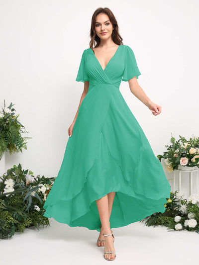 Carlyna A-Line Asymmetric Chiffon Maxi Dress | V-Neck Short Sleeve Bridesmaid & Wedding Guest Dress Side View 3 #color_tiffany