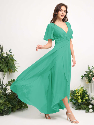 Carlyna A-Line Asymmetric Chiffon Maxi Dress | V-Neck Short Sleeve Bridesmaid & Wedding Guest Dress Side View 4 #color_tiffany