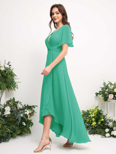 Carlyna A-Line Asymmetric Chiffon Maxi Dress | V-Neck Short Sleeve Bridesmaid & Wedding Guest Dress Side View 5 #color_tiffany