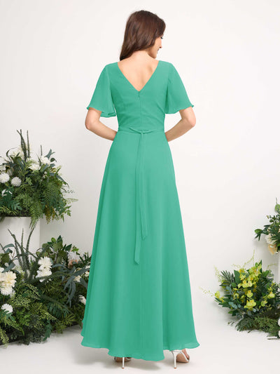 Carlyna A-Line Asymmetric Chiffon Maxi Dress | V-Neck Short Sleeve Bridesmaid & Wedding Guest Dress Back View #color_tiffany