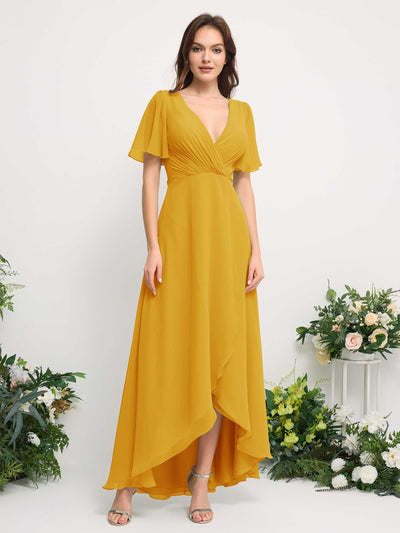 Carlyna A-Line Asymmetric Chiffon Maxi Dress | V-Neck Short Sleeve Bridesmaid & Wedding Guest Dress Front View #color_mustard-yellow