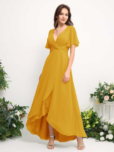 Carlyna A-Line Asymmetric Chiffon Maxi Dress | V-Neck Short Sleeve Bridesmaid & Wedding Guest Dress Side View 2 #color_mustard-yellow