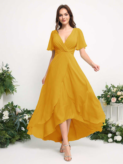 Carlyna A-Line Asymmetric Chiffon Maxi Dress | V-Neck Short Sleeve Bridesmaid & Wedding Guest Dress Side View 3 #color_mustard-yellow