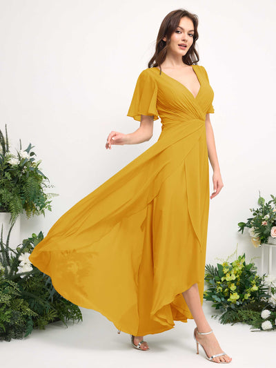 Carlyna A-Line Asymmetric Chiffon Maxi Dress | V-Neck Short Sleeve Bridesmaid & Wedding Guest Dress Side View 4 #color_mustard-yellow