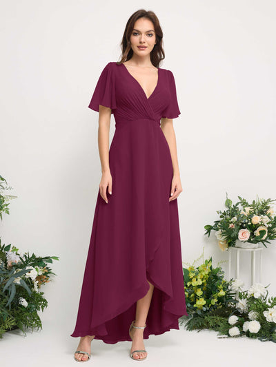 Carlyna A-Line Asymmetric Chiffon Maxi Dress | V-Neck Short Sleeve Bridesmaid & Wedding Guest Dress Front View #color_chianti