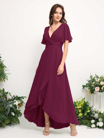 Carlyna A-Line Asymmetric Chiffon Maxi Dress | V-Neck Short Sleeve Bridesmaid & Wedding Guest Dress Side View 2 #color_chianti