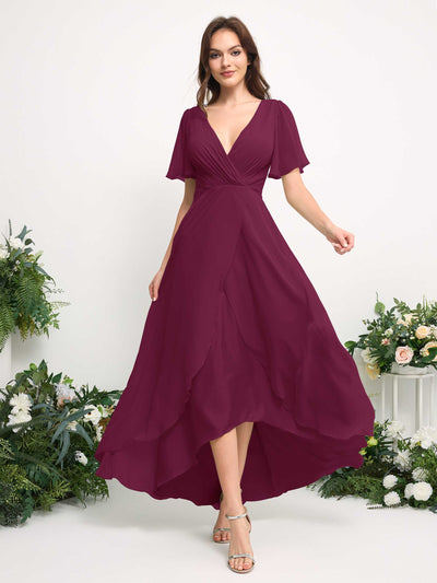 Carlyna A-Line Asymmetric Chiffon Maxi Dress | V-Neck Short Sleeve Bridesmaid & Wedding Guest Dress Side View 3 #color_chianti