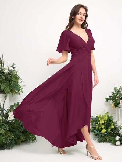Carlyna A-Line Asymmetric Chiffon Maxi Dress | V-Neck Short Sleeve Bridesmaid & Wedding Guest Dress Side View 4 #color_chianti