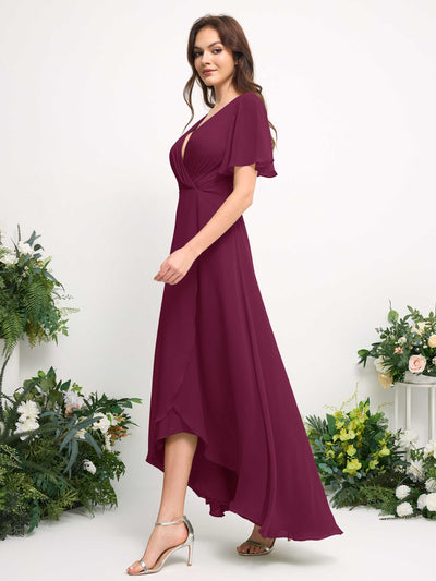 Carlyna A-Line Asymmetric Chiffon Maxi Dress | V-Neck Short Sleeve Bridesmaid & Wedding Guest Dress Side View 5 #color_chianti