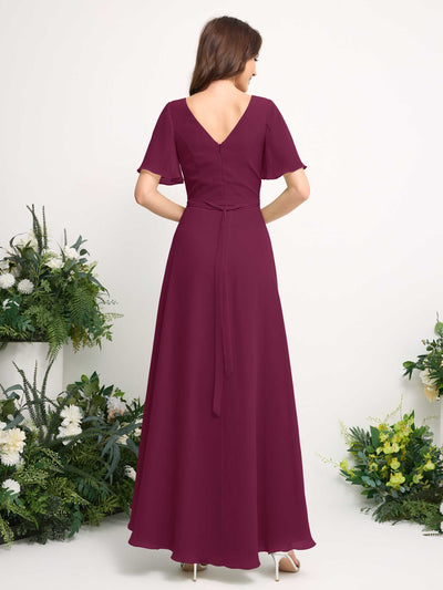 Carlyna A-Line Asymmetric Chiffon Maxi Dress | V-Neck Short Sleeve Bridesmaid & Wedding Guest Dress Back View #color_chianti