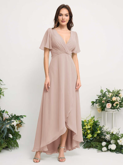 Carlyna A-Line Asymmetric Chiffon Maxi Dress | V-Neck Short Sleeve Bridesmaid & Wedding Guest Dress Front View #color_biscotti
