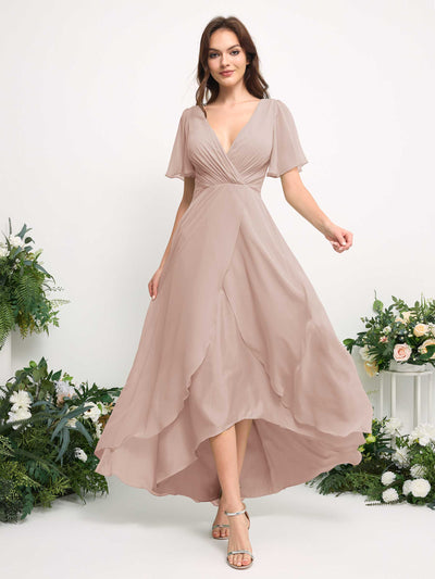Carlyna A-Line Asymmetric Chiffon Maxi Dress | V-Neck Short Sleeve Bridesmaid & Wedding Guest Dress Side View 3 #color_biscotti