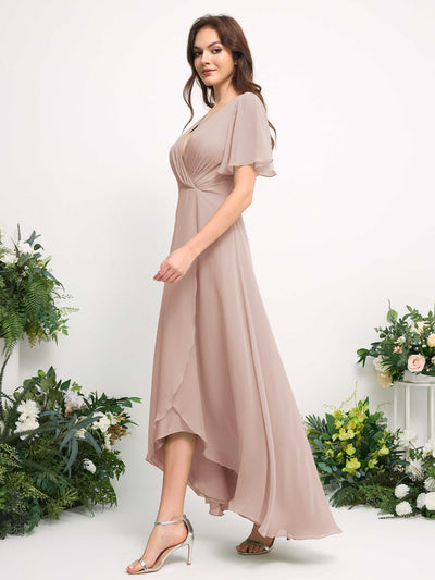 Carlyna A-Line Asymmetric Chiffon Maxi Dress | V-Neck Short Sleeve Bridesmaid & Wedding Guest Dress Side View 5 #color_biscotti