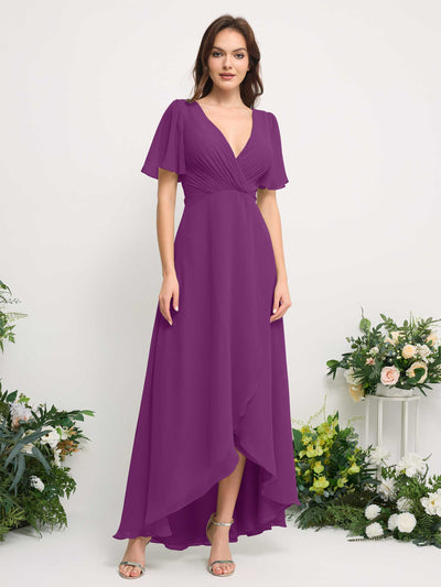 Carlyna A-Line Asymmetric Chiffon Maxi Dress | V-Neck Short Sleeve Bridesmaid & Wedding Guest Dress Front View #color_purple