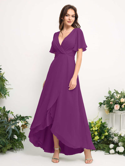 Carlyna A-Line Asymmetric Chiffon Maxi Dress | V-Neck Short Sleeve Bridesmaid & Wedding Guest Dress Side View 2 #color_purple